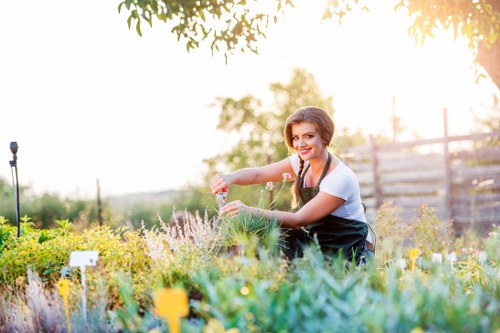 A woman in a garden setting, tending to a variety of plants and flowers with a smiling expression. The garden features a well-maintained lawn in the foreground, edged with colourful flower beds and shrubbery. Behind her, there are taller trees and a wooden fence, suggesting a private outdoor space. The ground appears slightly soil-rich, with textured patches of paving or garden beds. Bright sunlight filters through the trees, indicating a clear, sunny day, which enhances the natural tones of green, yellow, and purple present in the plants. The woman is wearing a white T-shirt and a dark apron, indicative of gardening activity, and she appears to be watering or tending the plants, demonstrating outdoor garden maintenance. This scene reflects a neat, cultivated garden in Croydon, with features suitable for sustainable and decorative garden services that Gardener Croydon provides, highlighting the beauty of well-kept outdoor spaces in South London suburbs. The overall composition emphasizes a healthy, vibrant garden environment perfect for tailored gardening and landscaping solutions.